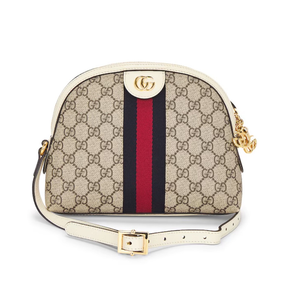 Gucci Beige GG Supreme Crossbody with Red and Blue Web Stripe